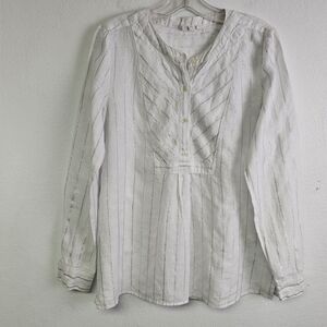 GAP Linen Tunic Shirt White and Silver Metallic Stripe Sz S Country Coastal
